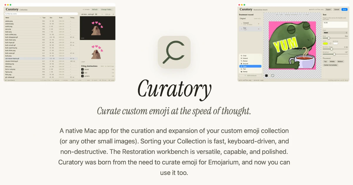 Curatory site and app screenshots 
